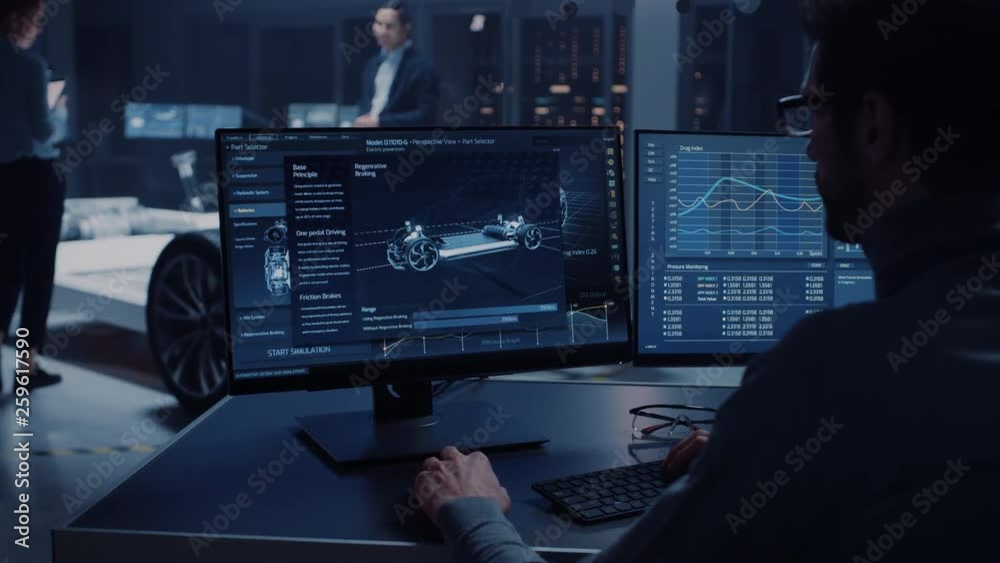 Poster Professional Engineer Works on a Computer with a 3D CAD Software and Tests the Electric Car Chassis Prototype with Wheels, Batteries and Engine Standing in a High Tech Development Laboratory.