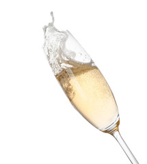 Glass of champagne on white background. Festive drink