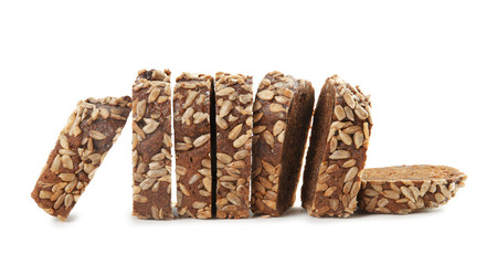 Fresh rye bread on white background. Baked goods