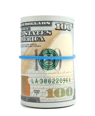 Roll of dollar bills with rubber band on white background