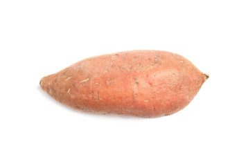 Whole ripe sweet potato on white background, top view