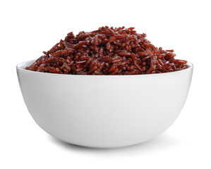 Bowl of cooked brown rice isolated on white