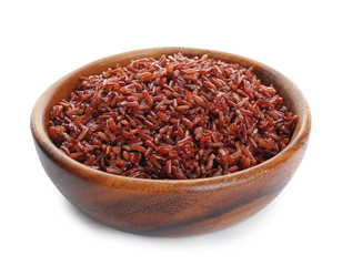 Bowl of cooked brown rice isolated on white