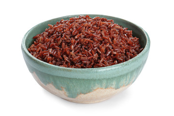 Bowl of cooked brown rice isolated on white