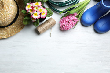 Flat lay composition with gardening equipment and space for text on wooden background