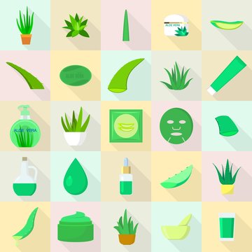 Aloe icons set. Flat set of aloe vector icons for web design