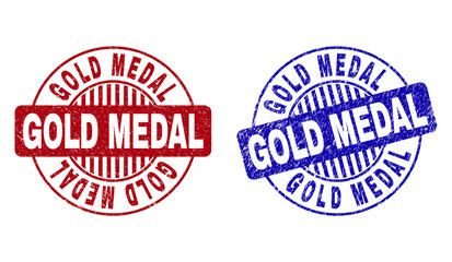 Grunge GOLD MEDAL round stamp seals isolated on a white background. Round seals with grunge texture in red and blue colors.