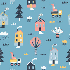 Childish seamless pattern with old buildings, dinosaurs, cars, and trees. Good for kids fabric, textile, nursery wallpaper. Seamless city landscape. Scandinavian style