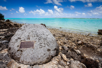 Wake Atoll, part of Pacific Remote Islands Marine National Monument. 98 Rock, a place where prisoners of war during World War II carved an enduring symbol.