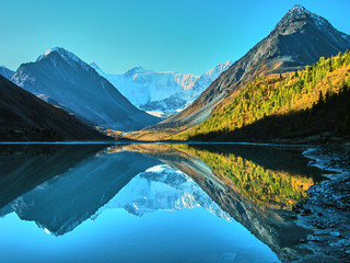 Belukha Mountain and Lake Akkem, Reflection of mountains in the water. Two peaks Eastern 4509 m and...