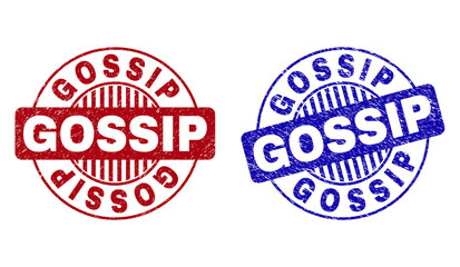 Grunge GOSSIP round stamp seals isolated on a white background. Round seals with grunge texture in red and blue colors. Vector rubber overlay of GOSSIP caption inside circle form with stripes.
