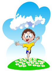 Funny cheerful boy runs and smiles across the meadow with daisies, vector illustration