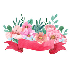 Bouqet with cute flowers, leaves and ribbon