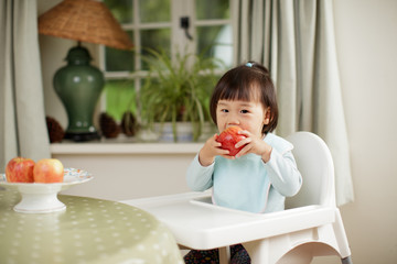 toddler girl eating apple sitting on high chair beside a dinner table at home