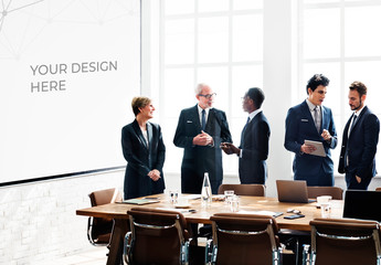 5 Businesspeople in a Conference Room with a Whiteboard Mockup - Powered by Adobe