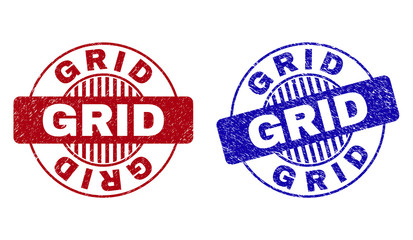 Grunge GRID round stamp seals isolated on a white background. Round seals with grunge texture in red and blue colors. Vector rubber imprint of GRID label inside circle form with stripes.