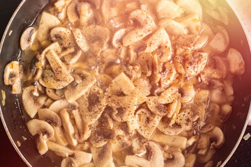 Cooking dishes from sliced mushrooms with spices. Top view