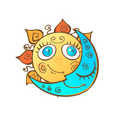 The sun and the moon in the children's cute style. Vector.