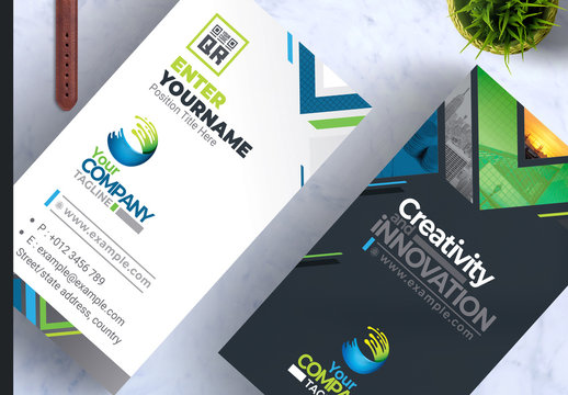 Business Card Layout with Colorful Geometric Accents