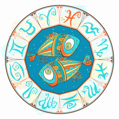 Horoscope for children sign Pisces in the zodiac circle. Vector.
