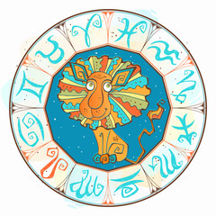 Horoscope for children sign Leo in the zodiac circle. Vector.