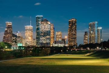 Fototapeta na wymiar View of the Houston skyline at night from Eleanor Tinsley Park, in Houston, Texas