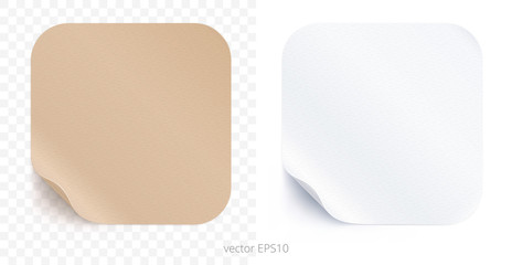 Vector set of adhesive stickers with a folded edges. Tan cardboard and white paper rounded squares. Blank templates of a price tags. Empty mockup for any memos. Realistic textures. Transparent shadows