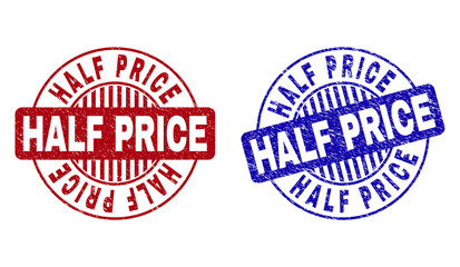 Grunge HALF PRICE round stamp seals isolated on a white background. Round seals with grunge texture in red and blue colors. Vector rubber imitation of HALF PRICE label inside circle form with stripes.