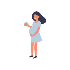 Healthy food and pregnancy concept. Pregnant woman standing with apple. Nutrition and diet during pregnancy. Flat vector illustration.