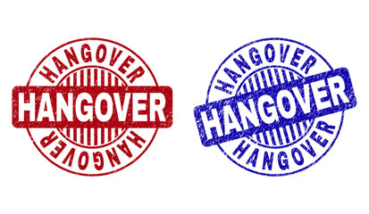 Grunge HANGOVER round stamp seals isolated on a white background. Round seals with grunge texture in red and blue colors. Vector rubber imprint of HANGOVER title inside circle form with stripes.