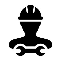 Service worker icon vector male construction service person profile avatar with hardhat helmet and wrench or spanner tool in glyph pictogram illustration