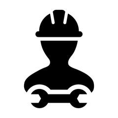 Supervisor icon vector male construction worker person profile avatar with hardhat helmet and wrench or spanner tool in glyph pictogram illustration