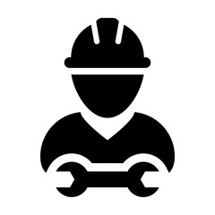 Survey worker icon vector male construction service person profile avatar with hardhat helmet and wrench or spanner tool in glyph pictogram illustration