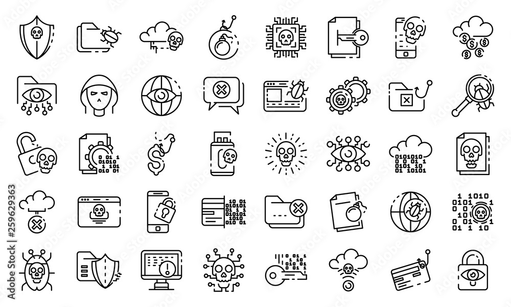 Poster cyber attack icons set. outline set of cyber attack vector icons for web design isolated on white ba