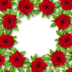 Background of red roses and green leaves around on a white background. Vintage style. Mock-up.