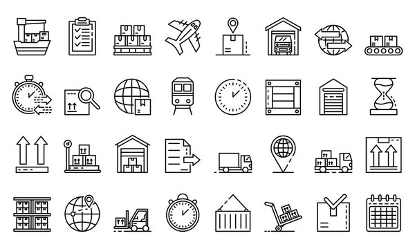 Goods export icons set. Outline set of goods export vector icons for web design isolated on white background