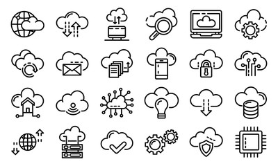 Cloud technology icons set. Outline set of cloud technology vector icons for web design isolated on white background