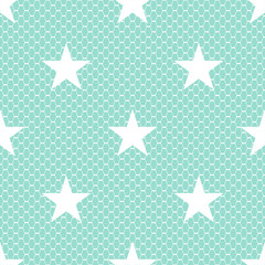 Fototapeta premium Seamless white vector lace pattern with stars mint green background. 