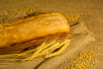 fresh bread, wheat ears and grains