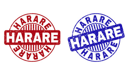 Grunge HARARE round stamp seals isolated on a white background. Round seals with distress texture in red and blue colors. Vector rubber overlay of HARARE text inside circle form with stripes.