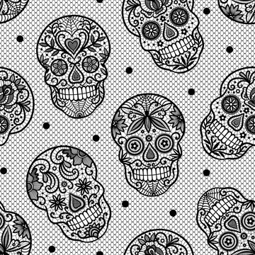 Seamless vector pattern with black lace sugar skulls on white background.  