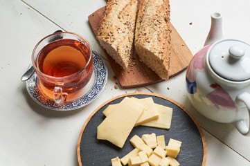 tea, cheese and bread 