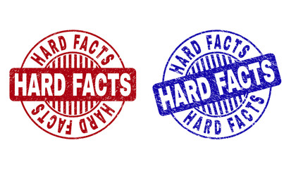 Grunge HARD FACTS round stamp seals isolated on a white background. Round seals with grunge texture in red and blue colors.