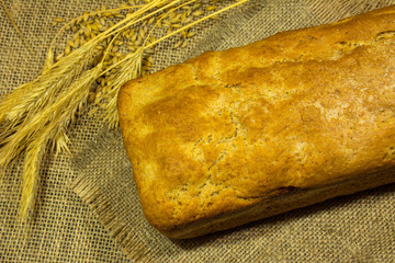 fresh bread, wheat ears and grains