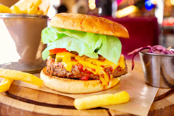 Big Tasty Sandwich - Hamburger Or American Burger With Beef, Pickles, Tomato And Sauce. Concept Fast And Unhealthy Food, Unhealthy Eating.