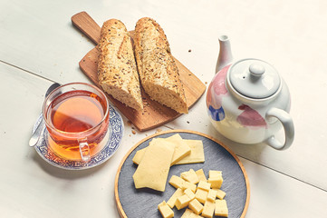 cup of tea and cheese with bread