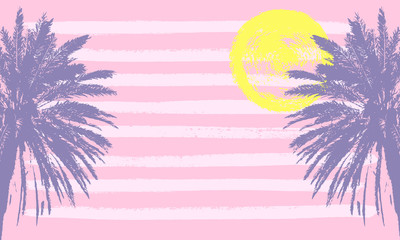 Exotic Summer time card. Sketchy palm tree, ink striped paint texture. Concept design element for t shirt print, sun party, touristic flyer, sale.