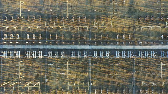Aerial view of Heat electric power station. Transformers. Outdoor switch-gear. Technology, transformer.