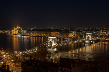 Fototapeta na wymiar Evening view of Budapest city skyline, Danube river and chain bridge