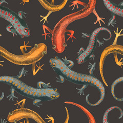 Lizard reptile seamless pattern illustration on dark background. Red,yellow and black lizard pattern. Fashion abstract animal pattern.